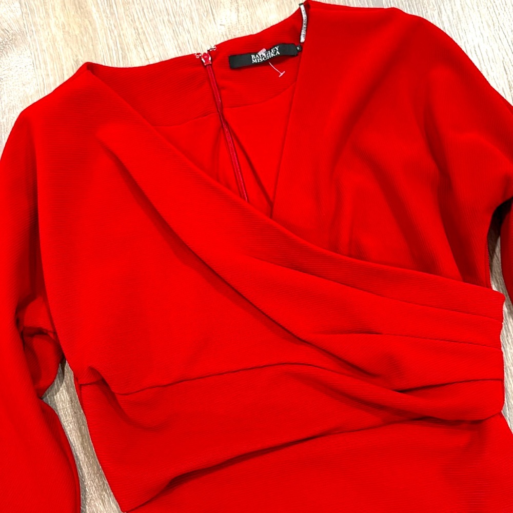 Badgley Mischka Red Textured Cross Over Wrap Dress - Picture 3 of 4